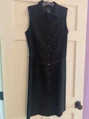 Ann Taylor Black Sleeveless Button-Front Midi Dress with Slim Belt